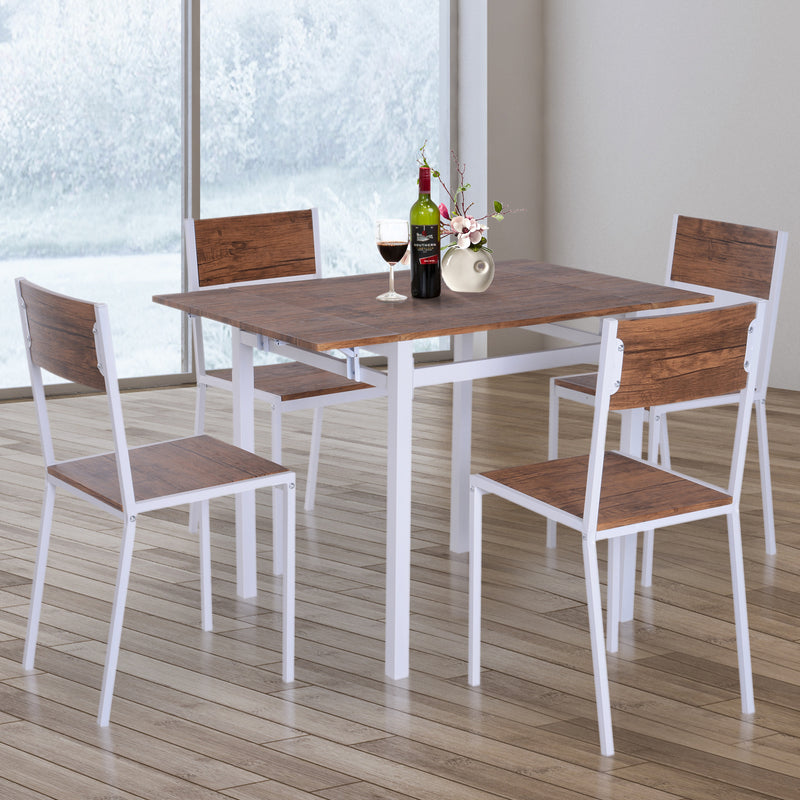 Set da Pranzo con Tavolo Estensibile 4 Sedie in Legno e Acciaio Noce e Bianco -2