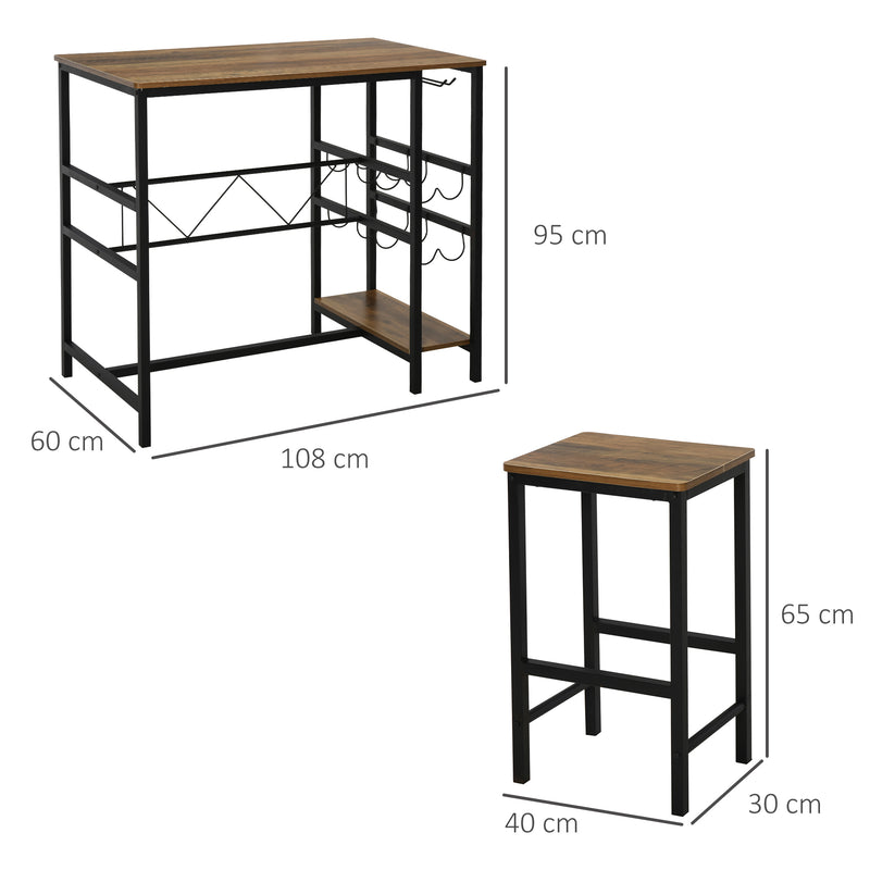 Set Tavolo e 2 Sgabelli Alti con Portabottiglie e Portabicchieri  Nero e Marrone-3