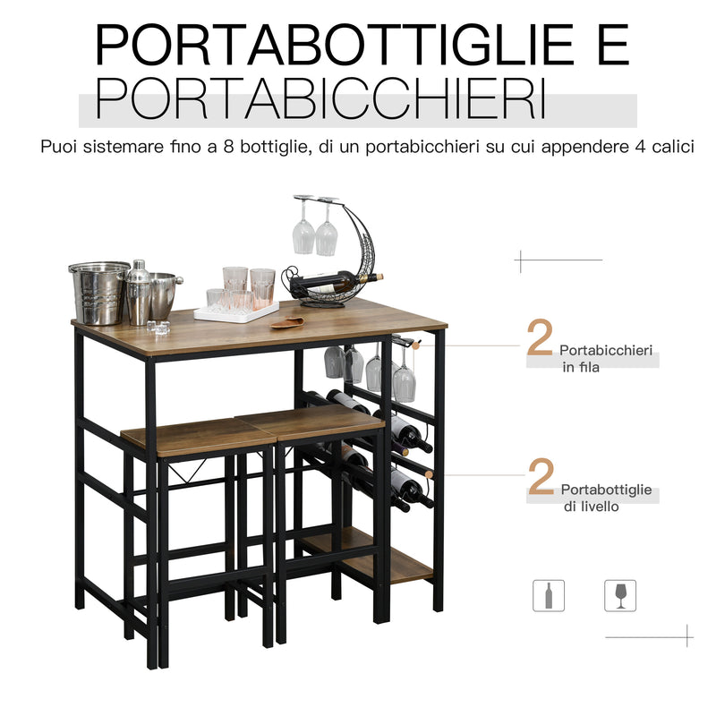 Set Tavolo e 2 Sgabelli Alti con Portabottiglie e Portabicchieri  Nero e Marrone-5