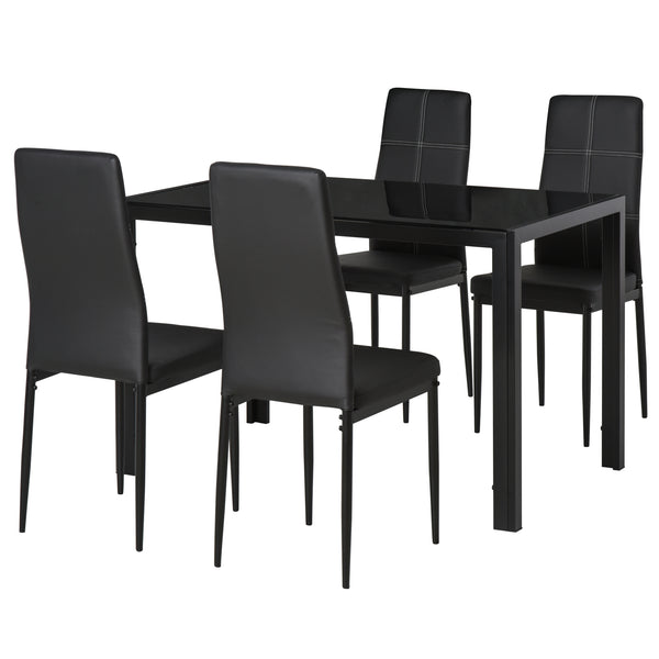 prezzo Ensemble de salle à manger avec plateau en verre et 4 chaises en métal et simili cuir noir