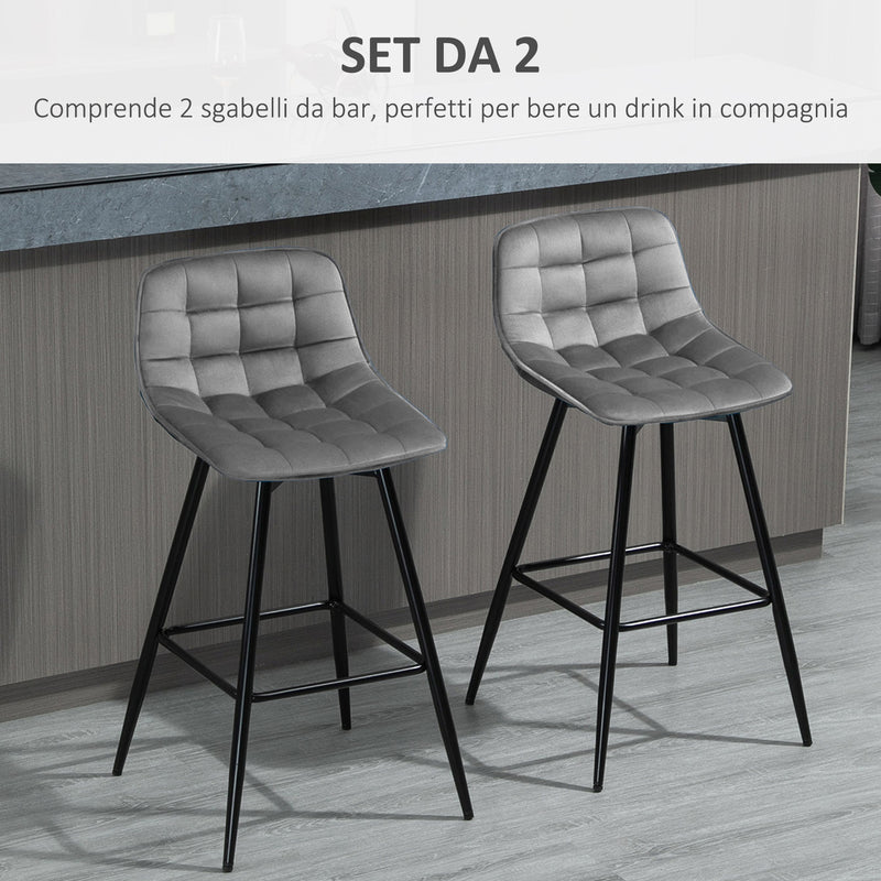 Set 2 Sgabelli Imbottite da Bar 45x47x88 cm in Metallo e Tessuto Vellutato Grigio-4