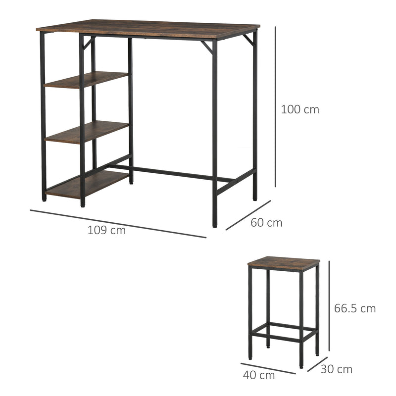 Set Tavolo Alto 109x60x100 cm e 2 Sgabelli in Metallo e Truciolare Marrone-3