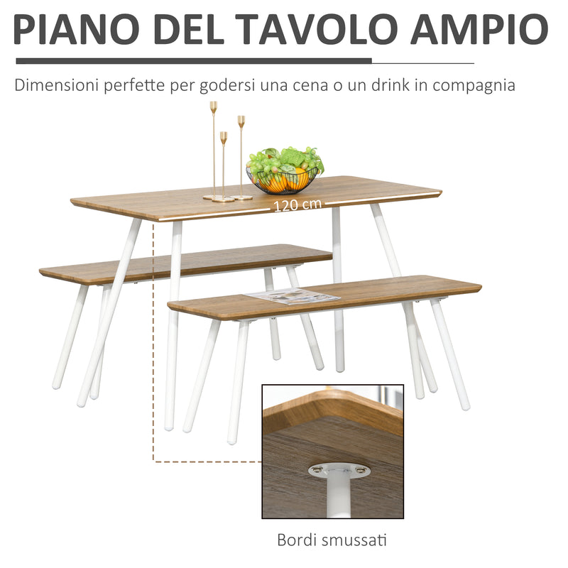 Set Tavolo da Pranzo con 2 Panche in MDF e Metallo Bianco-5