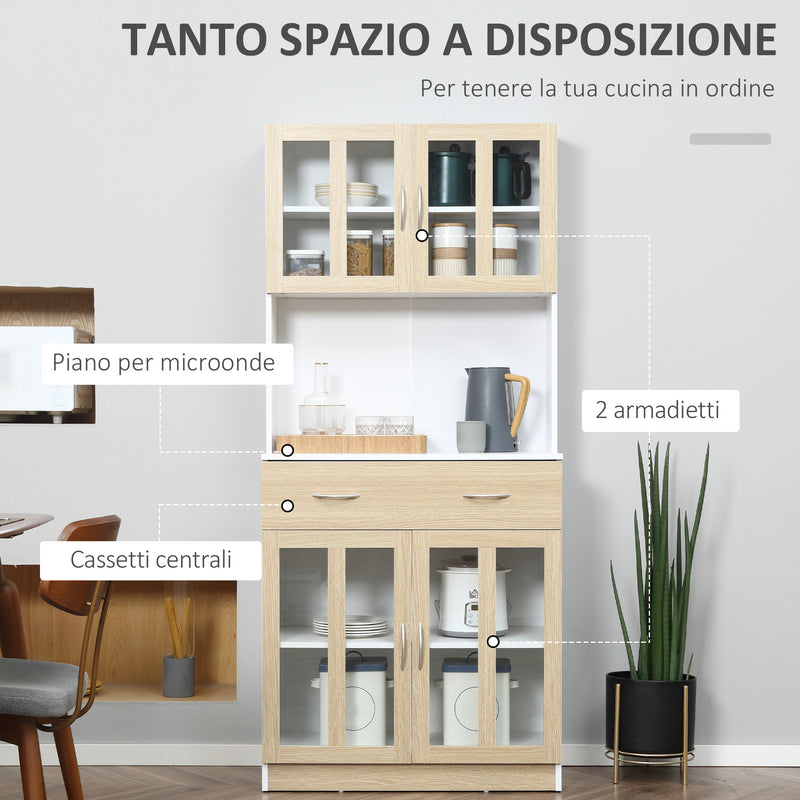 Mobile da Cucina Credenza 80x40x180 cm Ante in Vetro in Legno Bianco e Legno-4