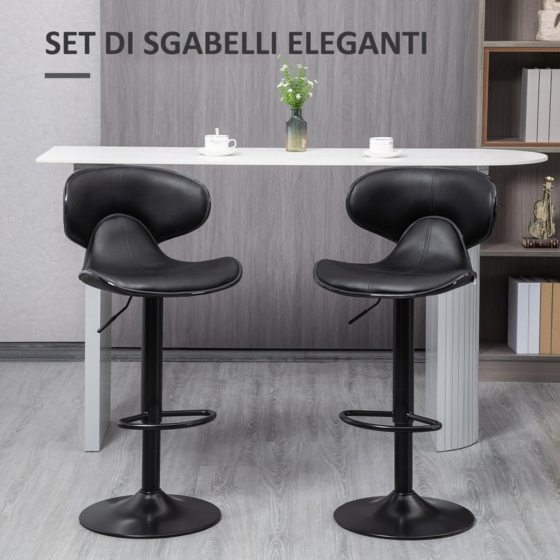 Set 2 Sgabelli Bar 45,5x46x89,5-109,5 cm con Schienale e Poggiapiedi e Similpelle Nero-4