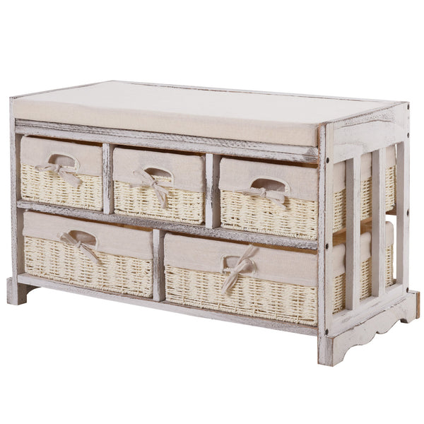 Commode en bois 80x37x45 cm avec 5 tiroirs en osier beige sconto