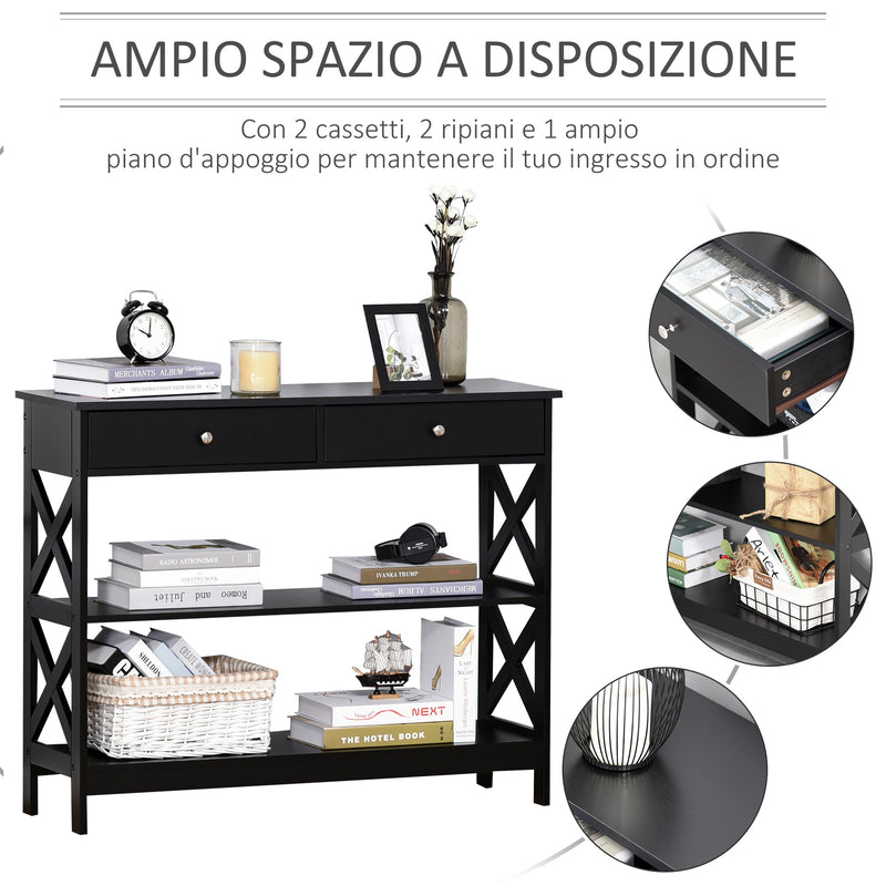 Consolle Ingresso 2 Cassetti 100x30,5x80 cm in MDF Nero-4