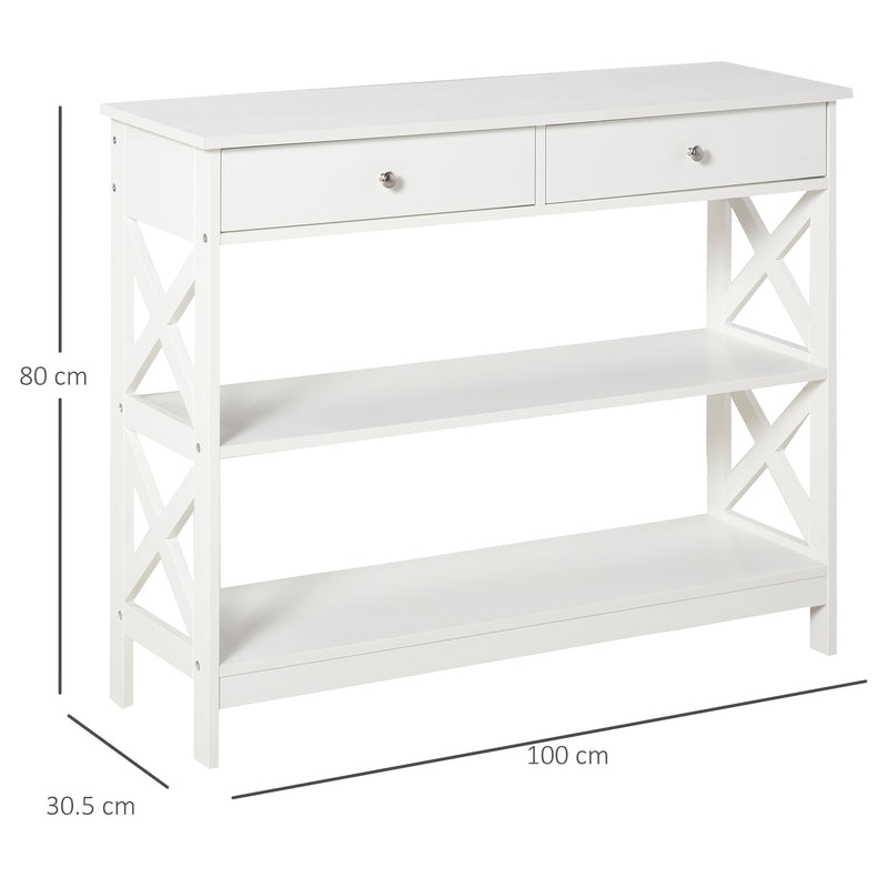 Consolle Ingresso 2 Cassetti 100x30,5x80 cm in MDF Bianco-3