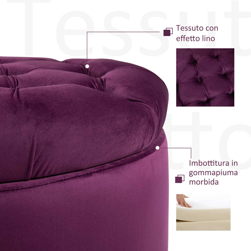 Pouf Contenitore con Coperchio in Velluto con Bottoni Trapuntati   Viola-5