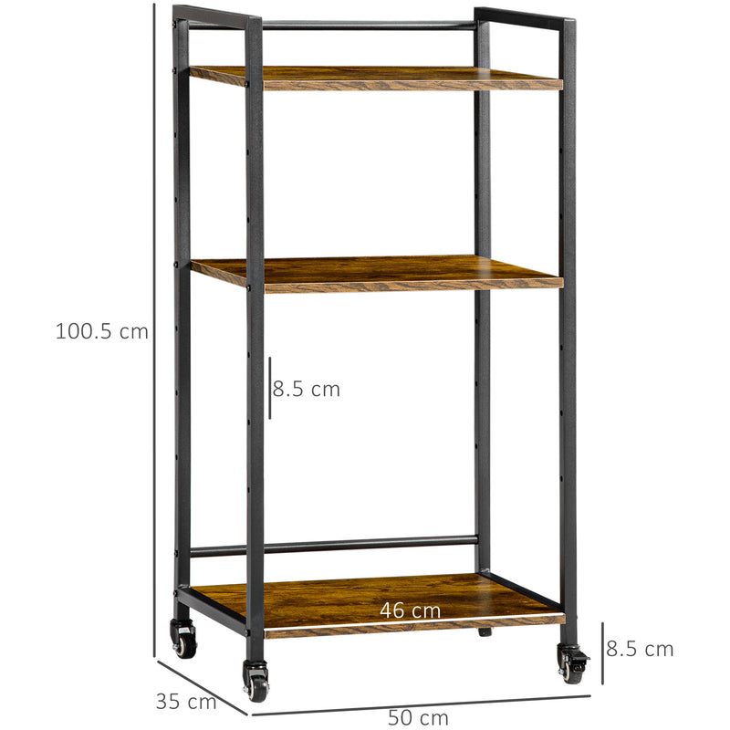 Carrello Portaoggetti 3 Ripiani 50x35x100,5 cm con Ruote in Acciaio e Truciolato Marrone-3