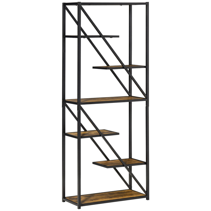 Libreria a Muro 6 Ripiani 64x30x165 cm in Truciolare e Metallo Marrone e Nero-1