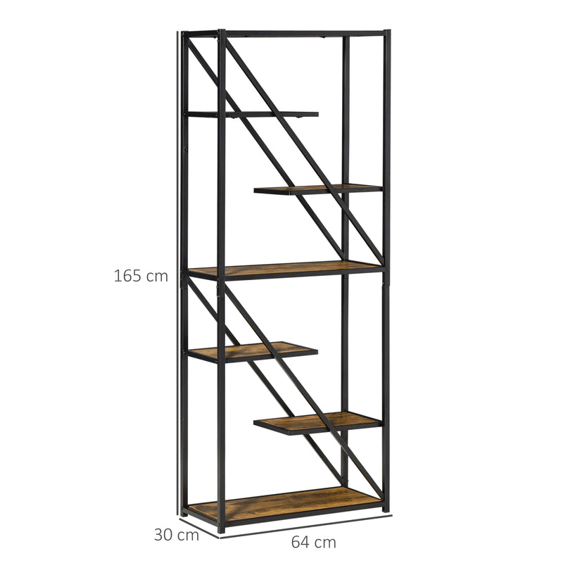 Libreria a Muro 6 Ripiani 64x30x165 cm in Truciolare e Metallo Marrone e Nero-3