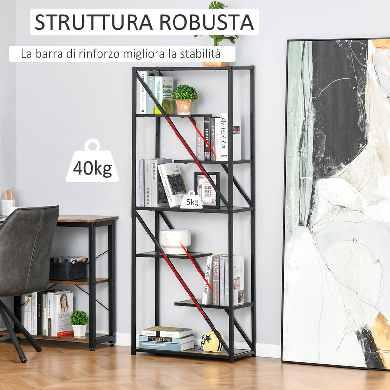 Libreria a Muro 6 Ripiani 64x30x165 cm in Truciolare e Metallo Marrone e Nero-4