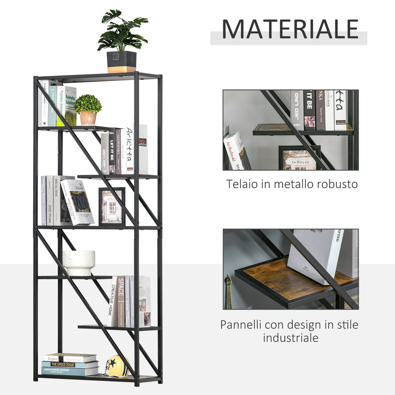 Libreria a Muro 6 Ripiani 64x30x165 cm in Truciolare e Metallo Marrone e Nero-5