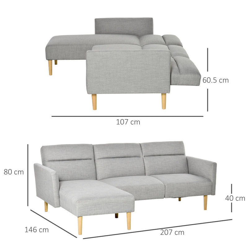 Divano Letto Angolare 207x107x60,5 cm con Penisola in Legno e Tessuto Grigio Chiaro-3