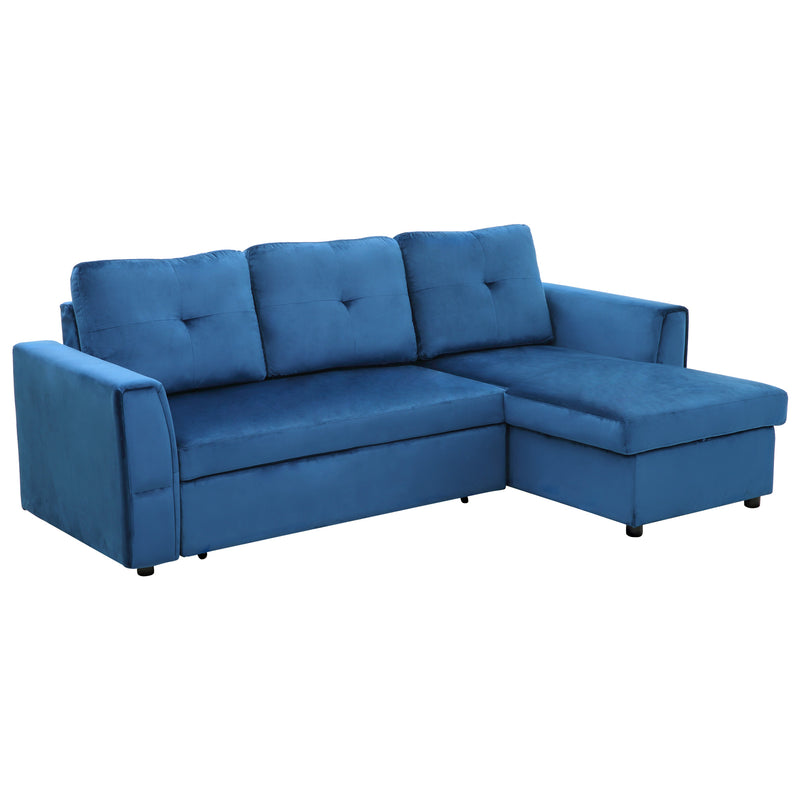 Divano Letto 3 Posti con Chaise Longue Contenitore 232x141x85 cm in Tessuto Effetto Lino Blu-1