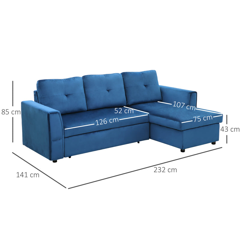 Divano Letto 3 Posti con Chaise Longue Contenitore 232x141x85 cm in Tessuto Effetto Lino Blu-3