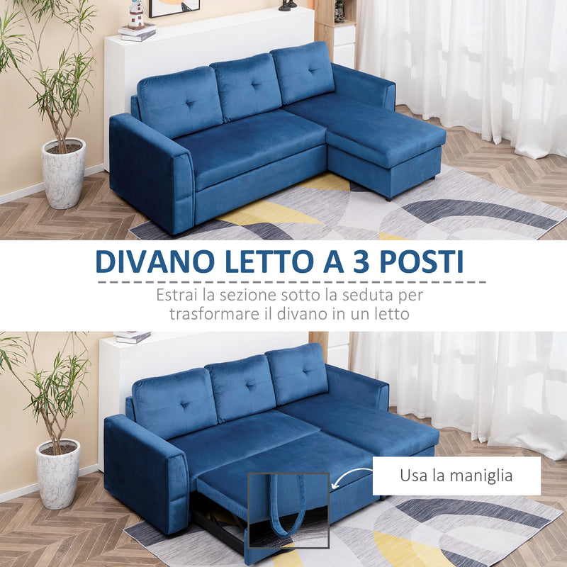 Divano Letto 3 Posti con Chaise Longue Contenitore 232x141x85 cm in Tessuto Effetto Lino Blu-4