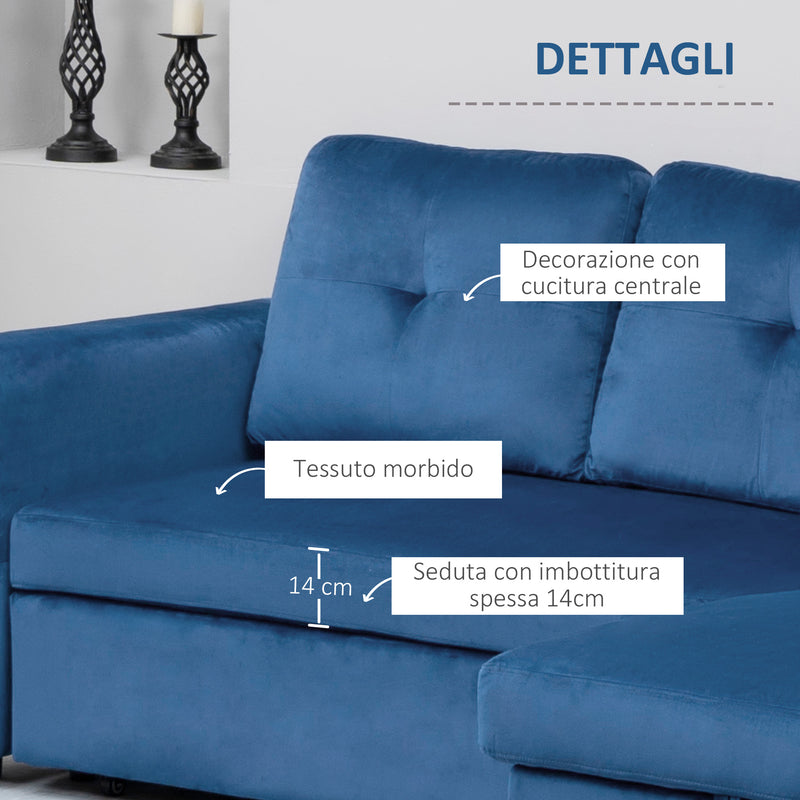 Divano Letto 3 Posti con Chaise Longue Contenitore 232x141x85 cm in Tessuto Effetto Lino Blu-6