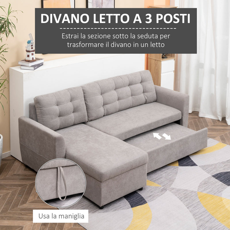 Divano Letto 3 Posti con Chaise Longue Contenitore 217x134x85 cm in Tessuto Effetto Lino Grigio-4