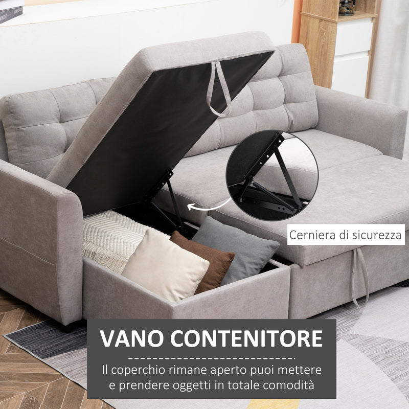 Divano Letto 3 Posti con Chaise Longue Contenitore 217x134x85 cm in Tessuto Effetto Lino Grigio-5