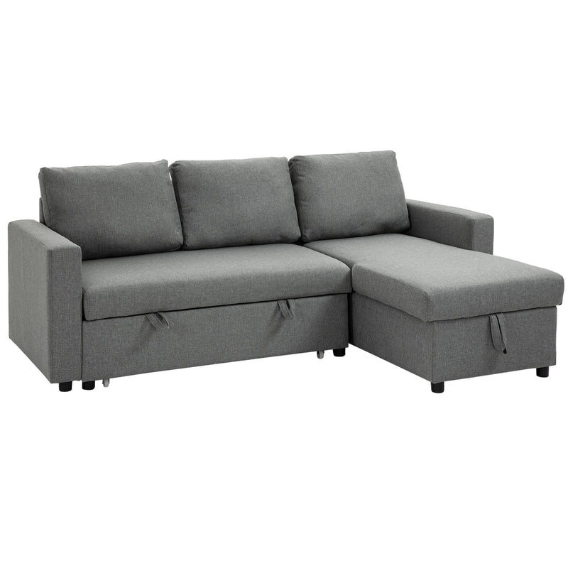 Divano Letto 3 Posti con Chaise Longue Contenitore 211,5x146x85 cm in Tessuto Effetto Lino Grigio-1