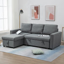 Divano Letto 3 Posti con Chaise Longue Contenitore 211,5x146x85 cm in Tessuto Effetto Lino Grigio-2