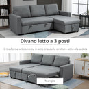 Divano Letto 3 Posti con Chaise Longue Contenitore 211,5x146x85 cm in Tessuto Effetto Lino Grigio-5