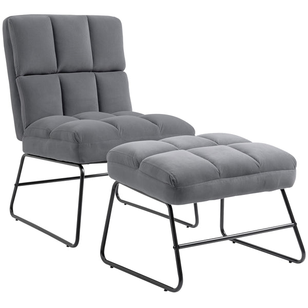 acquista Fauteuil Rembourré avec Pouf Repose-Pieds en Tissu Effet Velours Gris