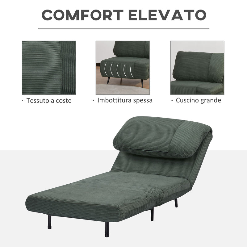 Poltrona Letto Singolo Trasformabile 82x89x83 cm in Legno e Acciaio Tessuto Velluto a Coste Verde-6