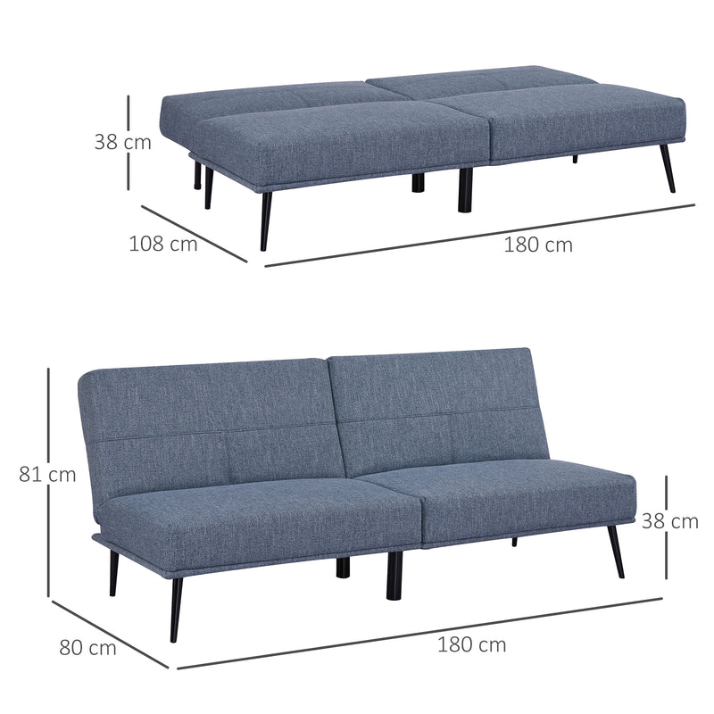 Divano Letto Singolo 180x80x81 cm in Tessuto Effetto Lino Azzurro e Nero-3