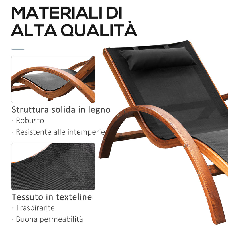 Lettino Prendisole Chaise Longue 165x72x86 cm in Legno e Tessuto a Rete Nero-5