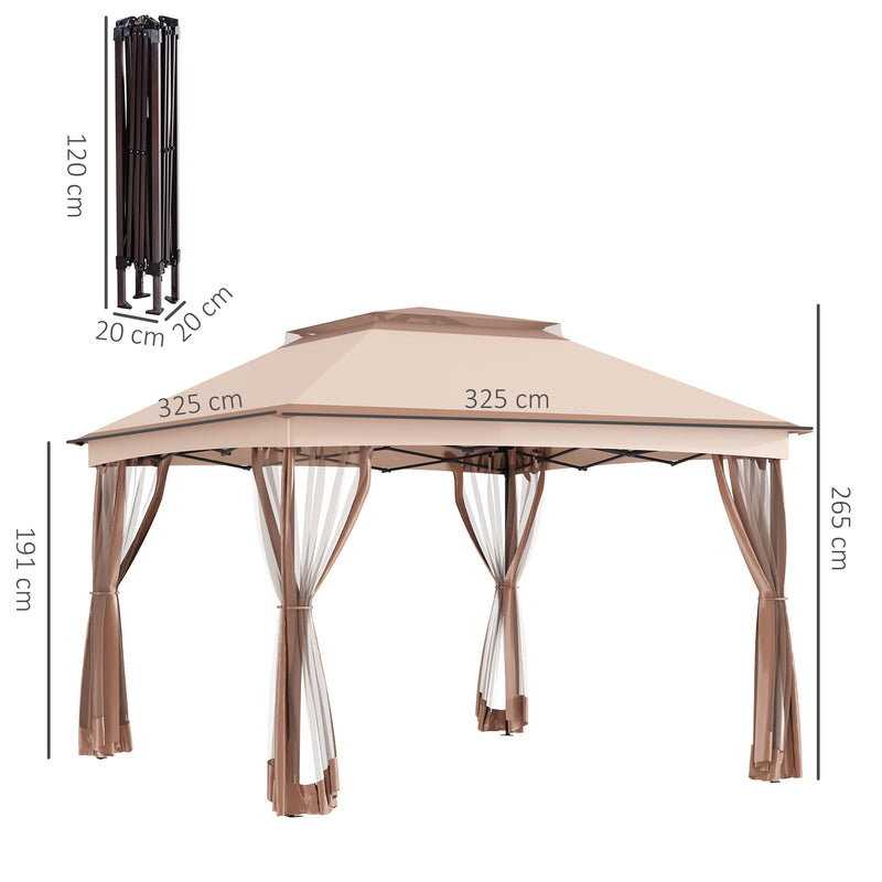 Gazebo Doppio Tetto Impermeabile con Zanzariere Marrone 3,25x3,25 m -3