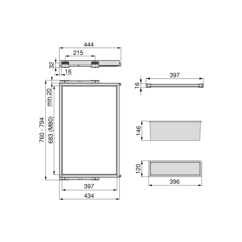 Kit 7 Aste Pantaloni e Vassoio per Armadio 800 mm in Acciaio Emuca Grigio Pietra-2