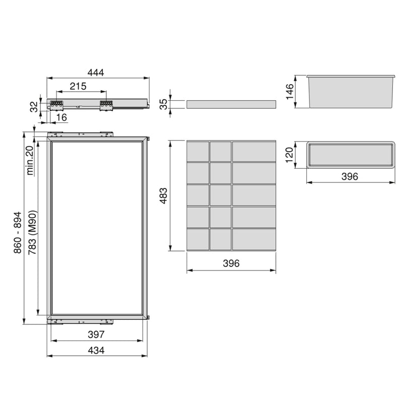 Kit Cassetto Organizzatore e Telaio per Armadio 900 mm in Alluminio e Plastica Emuca Grigio Pietra-2