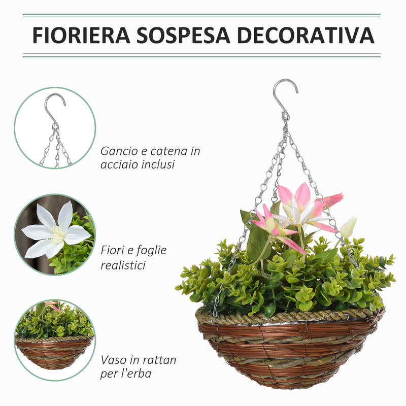 Set 2 Piante Artificiali Clematide Ø30x32 cm con Gancio e Vasi Fiori Bianco e Rosa-4