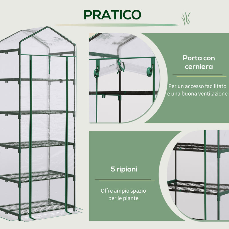 Mini Serra per Piante a 5 Ripiani 69x49x193 cm in Acciaio Verde-10