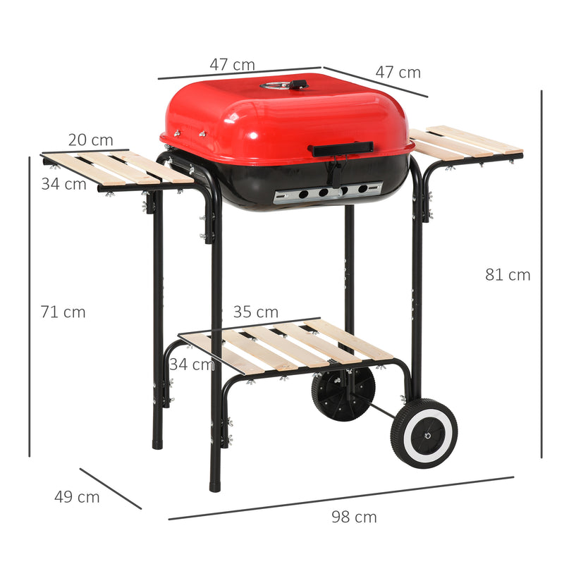 Barbecue a Carbone Carbonella con Coperchio e Ruote in Acciaio Rosso Nero -3