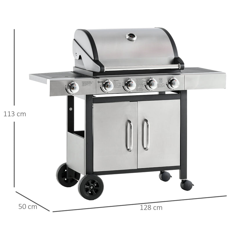 Barbecue a Gas 4 Fuochi + 1 Fornello Laterale 128x50x113 cm in Metallo e  Acciaio Inox-3