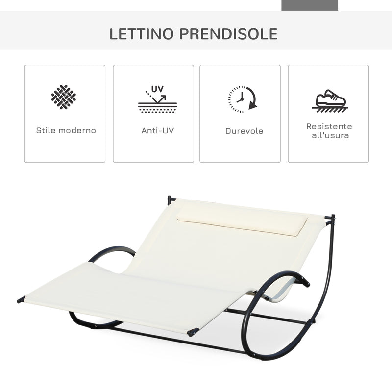 Lettino Prendisole a Dondolo 2 Posti da Giardino 140x200x88 cm in Metallo e Textilene Bianco Crema-5