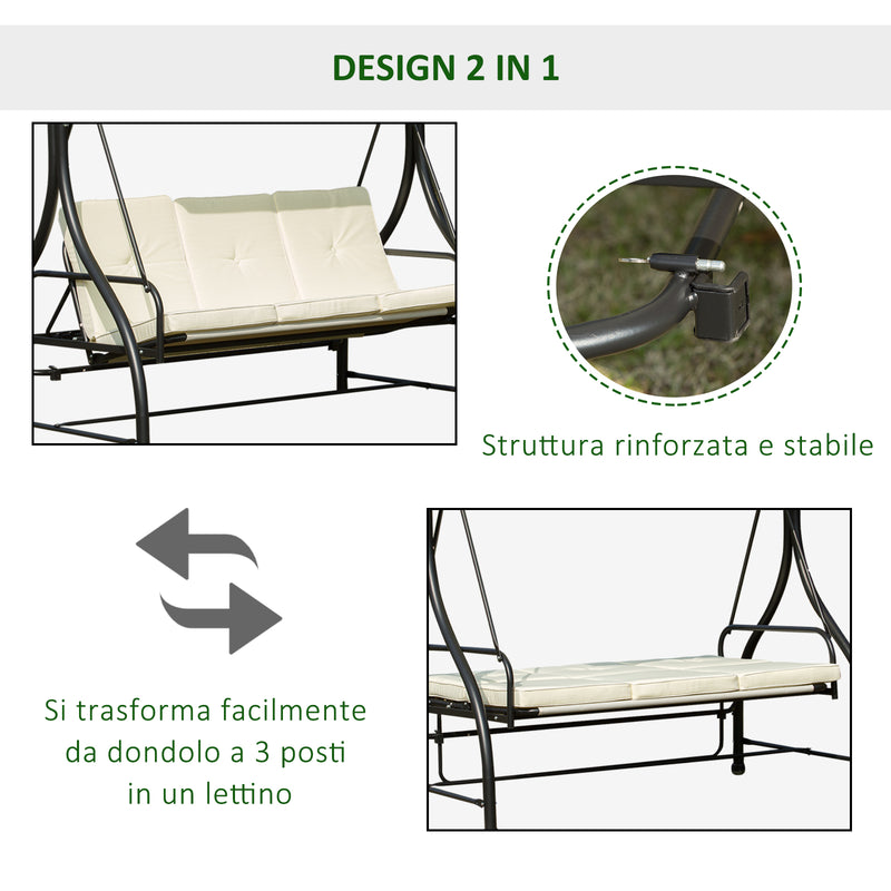 Dondolo da Giardino 3 Posti con Tettuccio Crema 185x125x173 cm -4