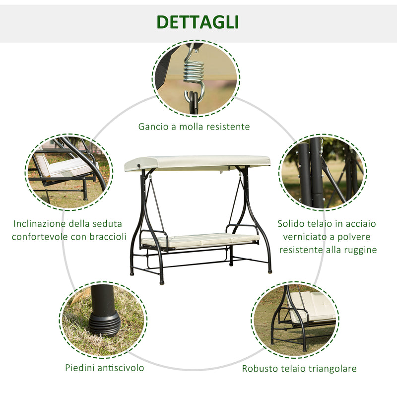 Dondolo da Giardino 3 Posti con Tettuccio Crema 185x125x173 cm -6