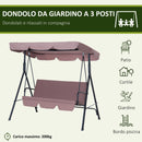 Dondolo da Giardino 3 Posti con Tettuccio Parasole Inclinabile in Acciaio Marrone -4