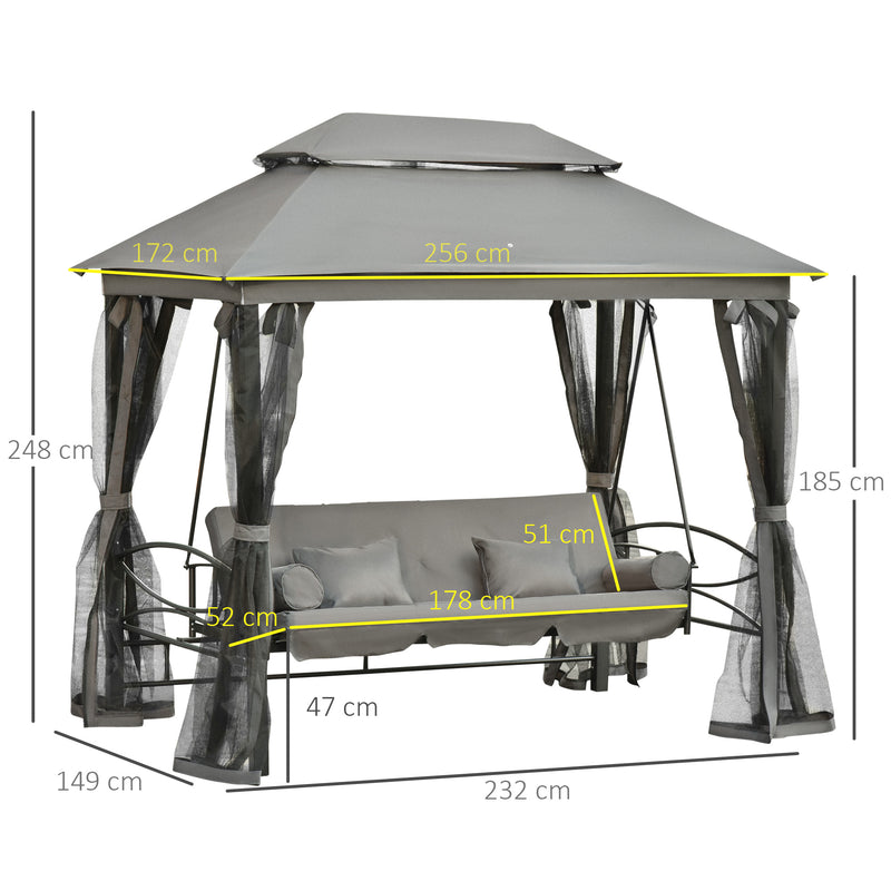 Dondolo Letto 3 Posti con Gazebo da Giardino 256x172x248 cm con Zanzariera e Cuscini Grigio-3