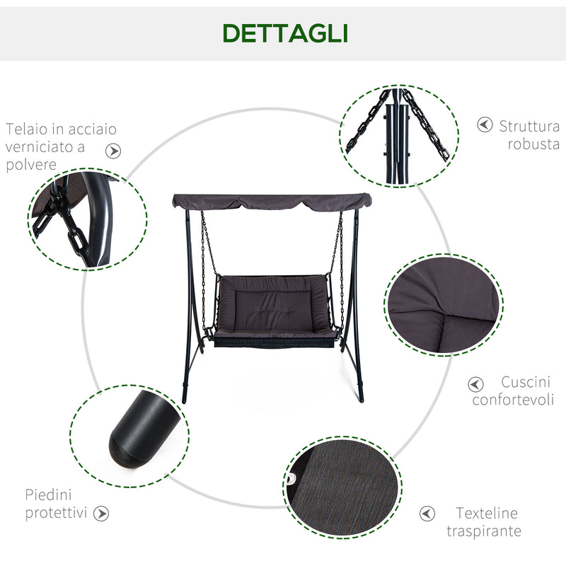 Dondolo 2 Posti da Giardino 160x117x173 cm in Acciaio e Poliestere Grigio-7