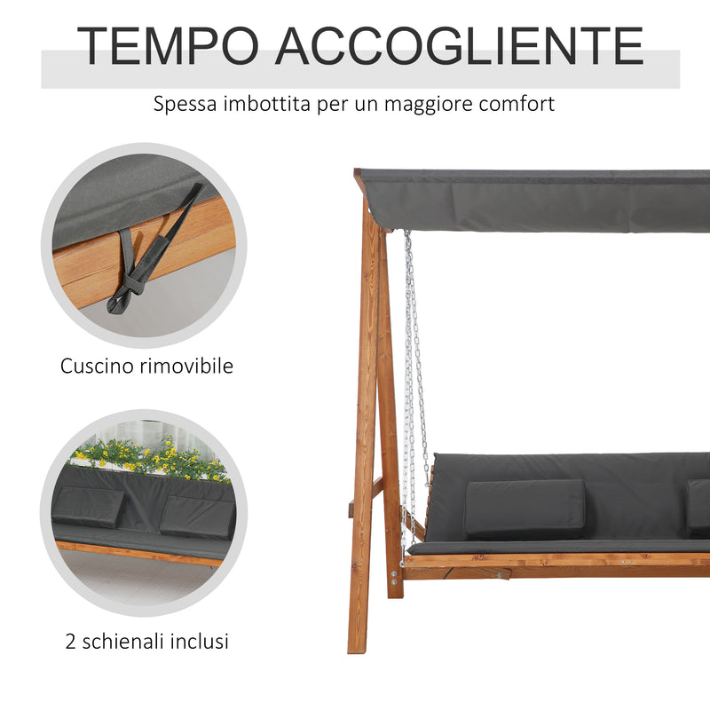 Dondolo Letto 3 Posti da Giardino 225,5x113x180 cm in Legno e Poliestere Grigio-6