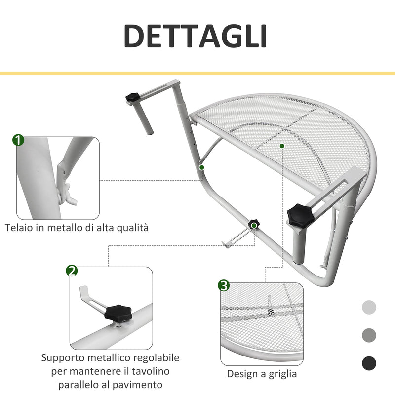 Tavolino da Ringhiera Pieghevole 60x45x50 cm in Metallo Bianco-6