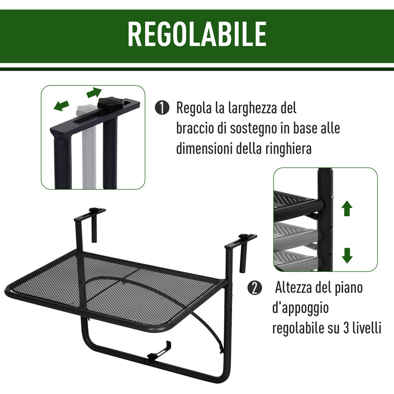 Tavolino Sospeso da Balcone Regolabile in Ferro Nero 60x56.5x45 cm -4