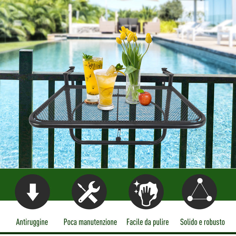 Tavolino Sospeso da Balcone Regolabile in Ferro Nero 60x56.5x45 cm -7