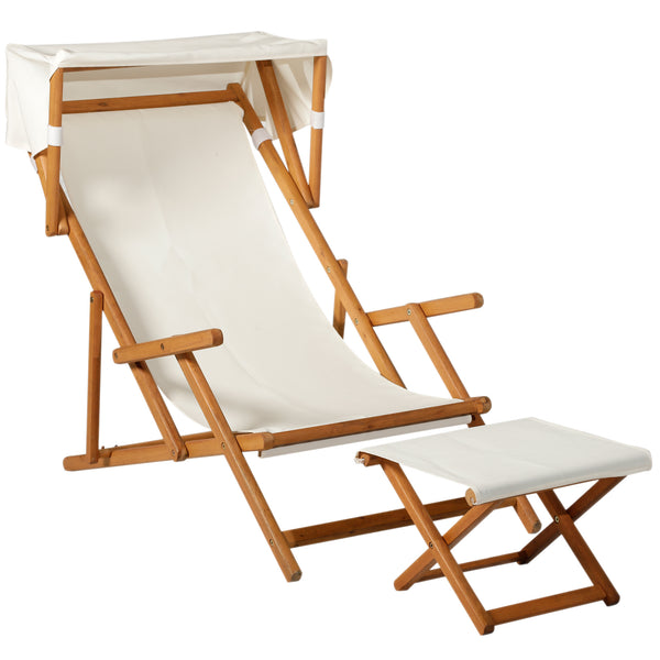 Chaise longue avec repose-pieds et auvent en bois blanc crème acquista